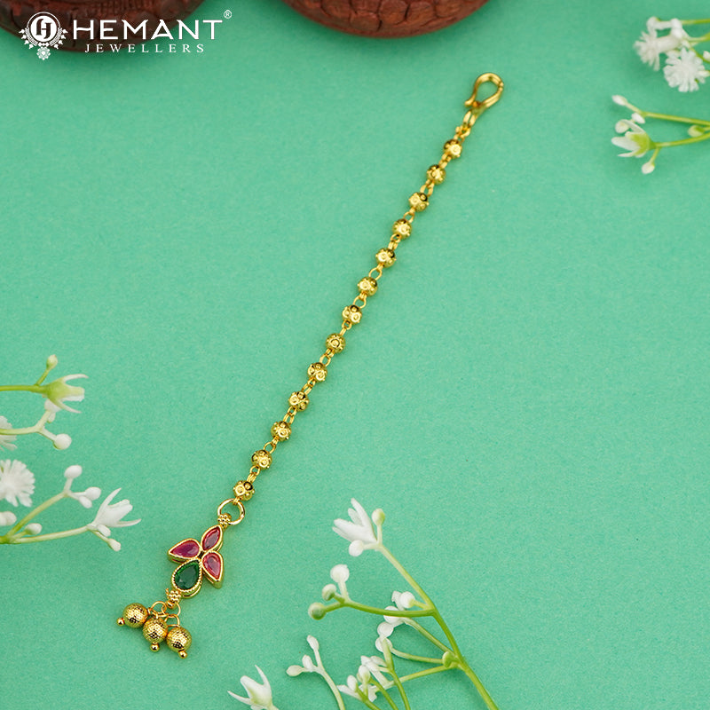 Floral Maang Tikka with Pink-Green Stones & Golden Ball Drops – 1073