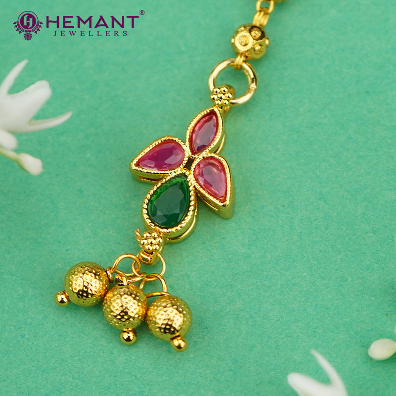Floral Maang Tikka with Pink-Green Stones & Golden Ball Drops – 1073