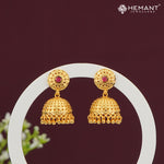 Forming Gold Jhumka Earrings with Red Stone Stud – Intricate Zumka Pattern 1629