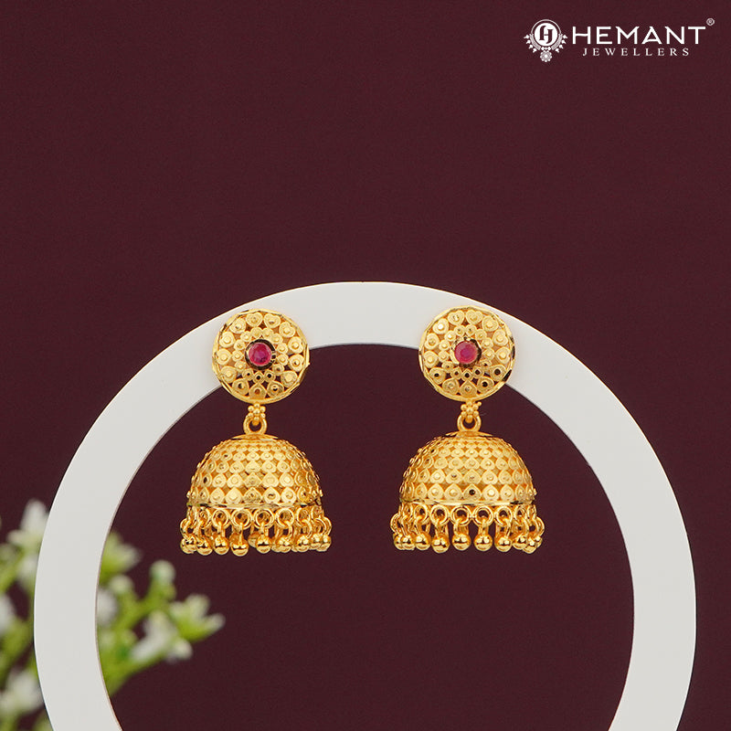 Forming Gold Jhumka Earrings with Red Stone Stud – Intricate Zumka Pattern 1629