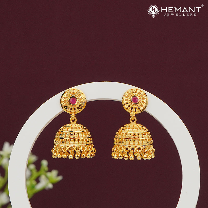 Forming Gold Layered Jhumka Earrings with Red Stone Stud – Traditional Touch 1929
