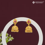 Forming Gold Jhumka Earrings with Teardrop Red Stone – Traditional Dome Design 1946