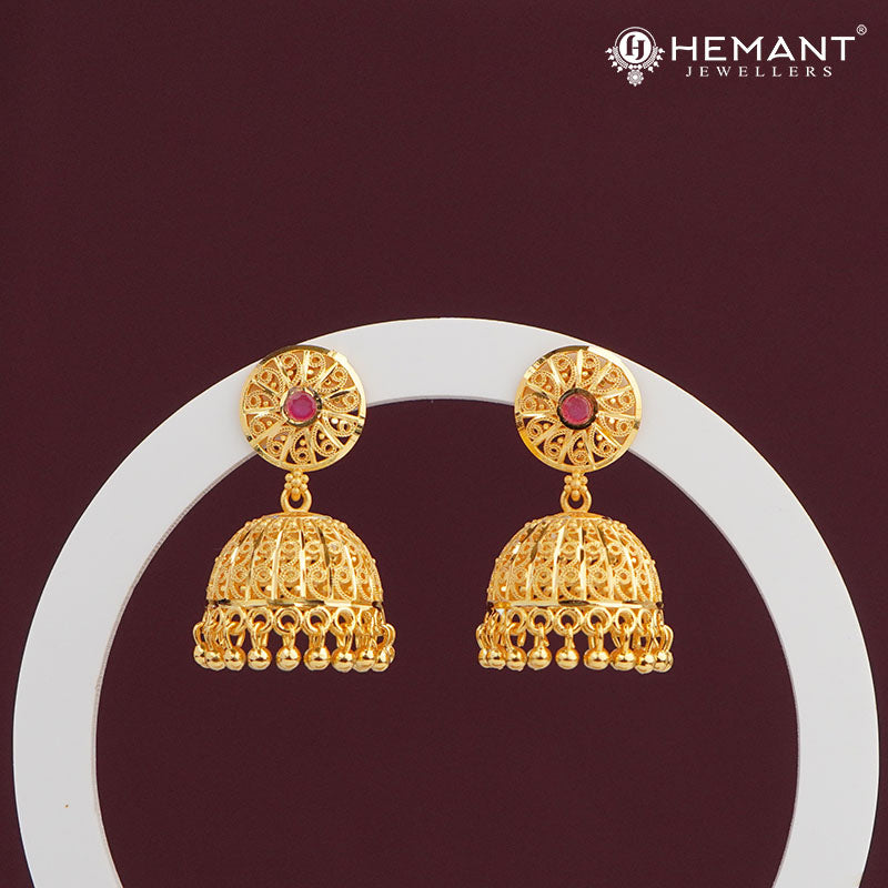 Forming Gold Jhumka Earrings with Red Stone – Traditional Dome Design 246