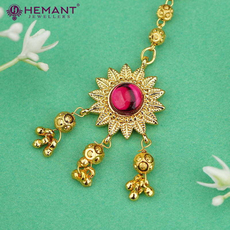 Traditional Maharashtrian Kolhapuri Micro Gold Plated Bindi Flower 3 Ghas (Maang Tikka)