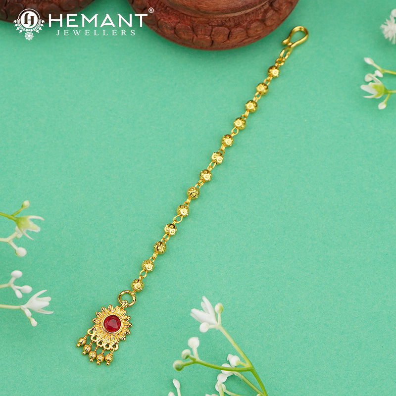 Sunburst Maang Tikka with Red Stone & Golden Ball Danglers – 3496