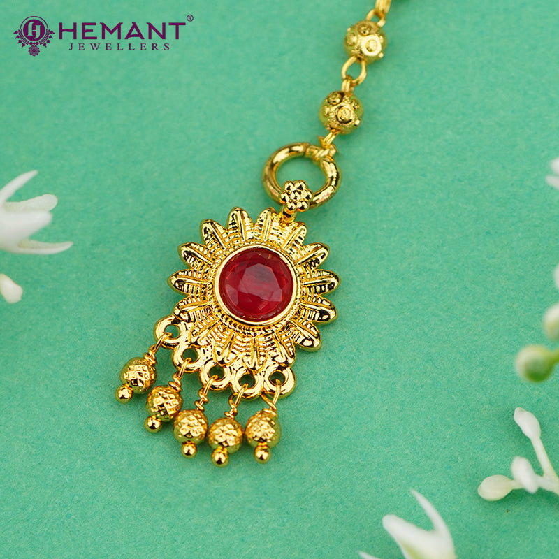 Sunburst Maang Tikka with Red Stone & Golden Ball Danglers – 3496