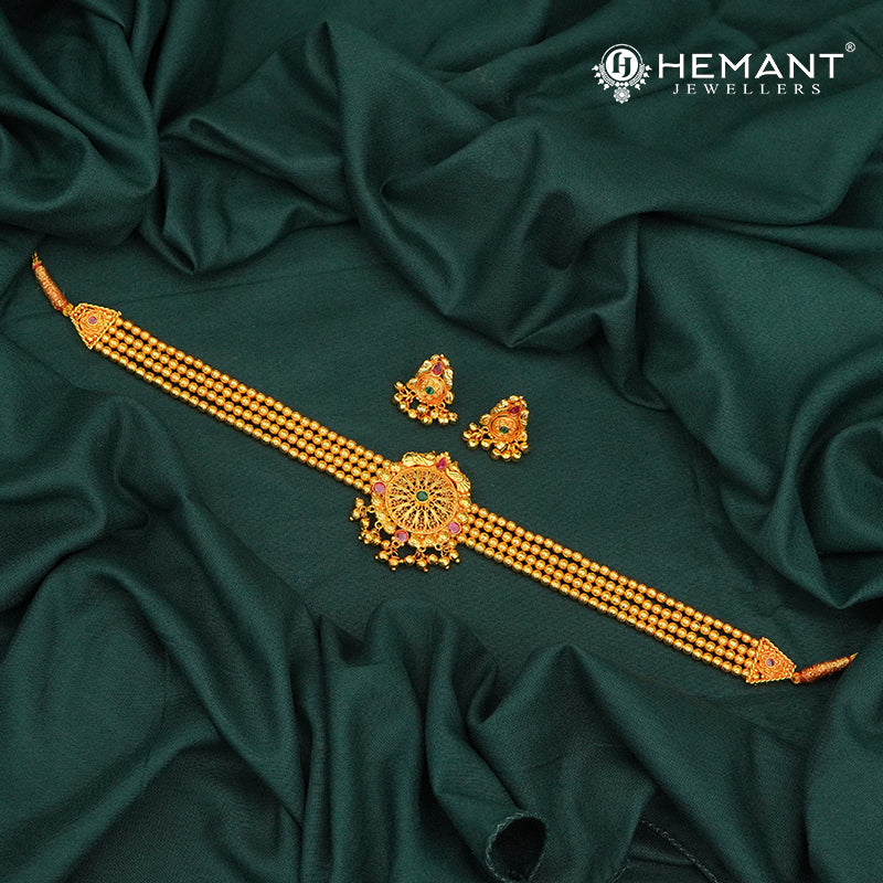Traditional Maharashtrian Kolhapuri Peti Har Geru Finished Chokar Antique Pendal (with Earrings)
