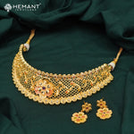 Traditional Forming Gold Choker Necklace Set with Floral Design and Dangling Accents