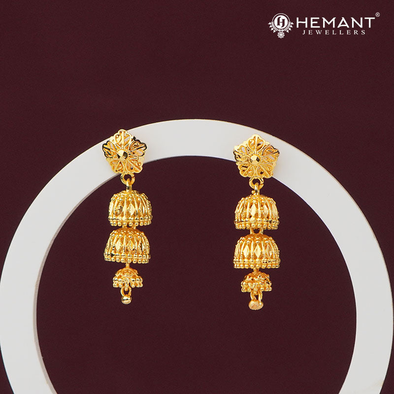 Triple Layered Gold-Plated Jhumka Earrings with Floral Studs