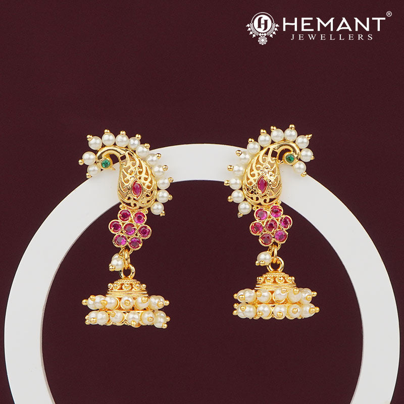 Elegant Peacock Design Pearl Jhumka Earrings with Ruby and Emerald Stones