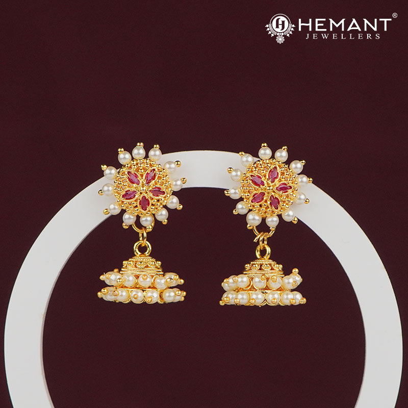 Floral Stud Pearl Jhumka Earrings with Ruby Accents