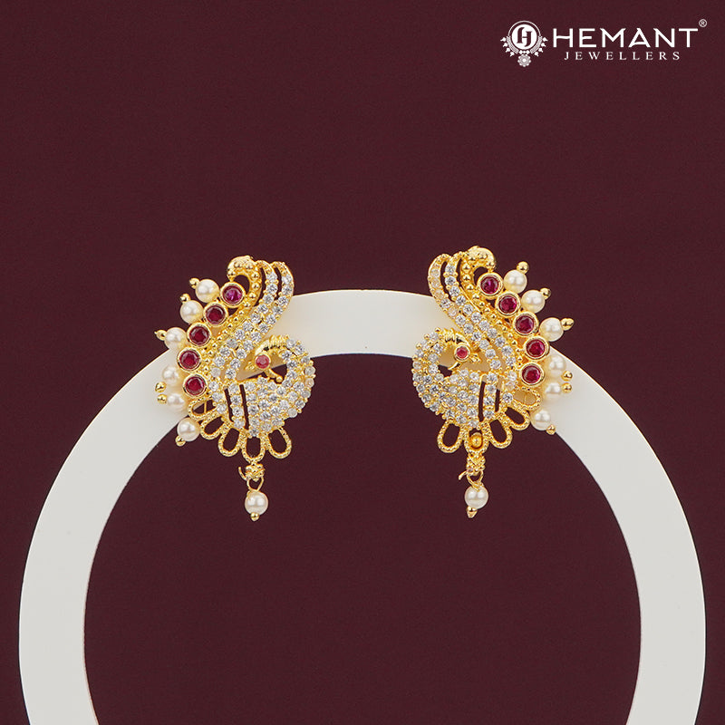 Peacock-Inspired American Diamond Earrings with Pearl Highlights β 3832