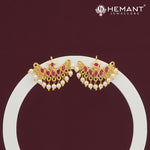 Chandbali Style Earrings with Red Stones & Pearl Drops – 3847