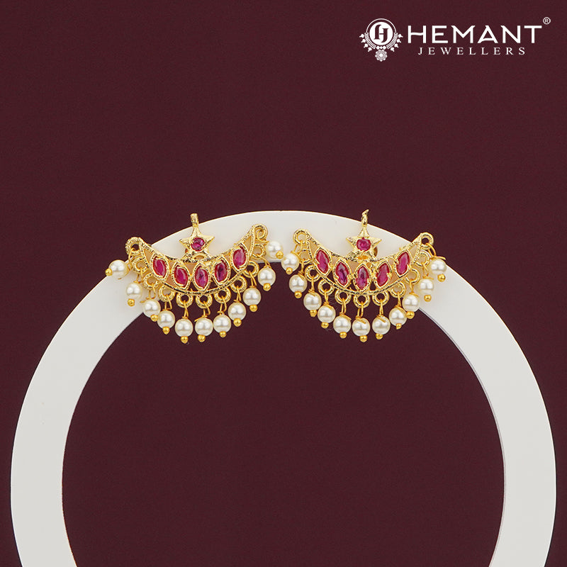 Chandbali Style Earrings with Red Stones & Pearl Drops – 3847