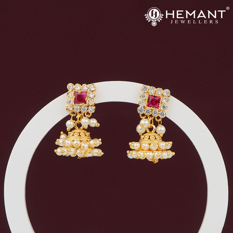 Square Ruby Stud and Pearl Jhumka Earrings