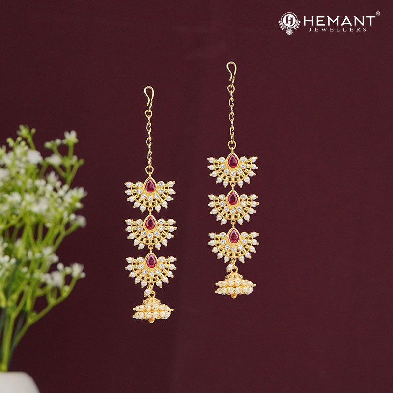 Layered Drop Kan Earrings with Ruby and Pearl Accents