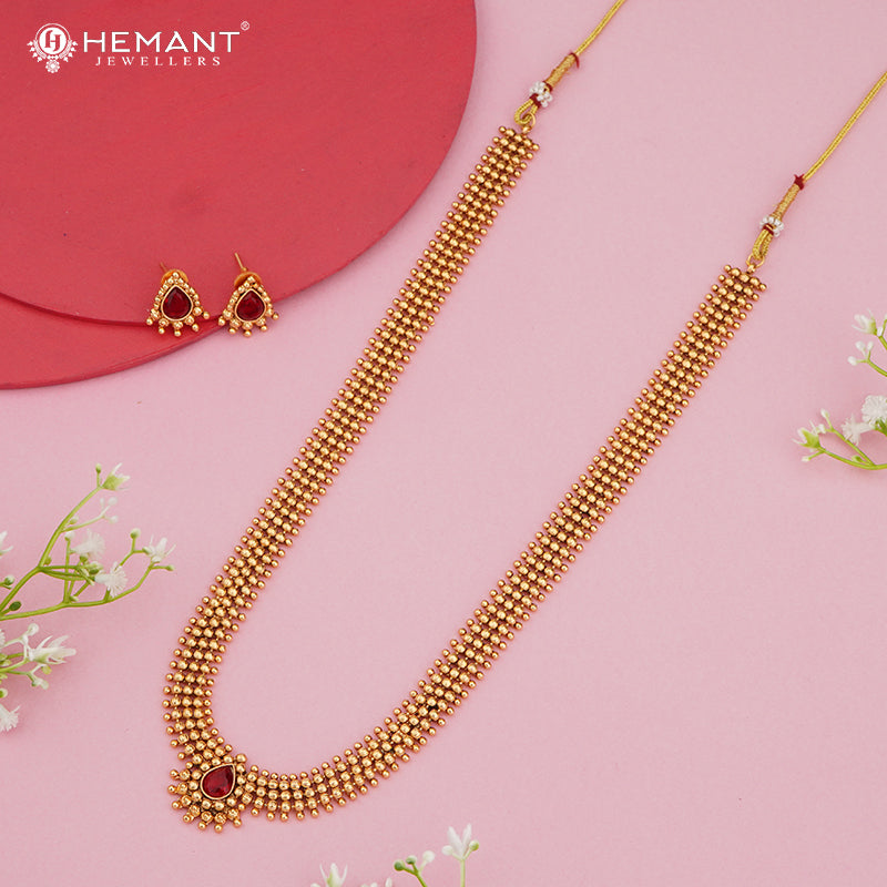 Antique-Finish Triple-Layer Beaded Necklace Set with Red Teardrop Pendant & Matching Earrings 3978-80