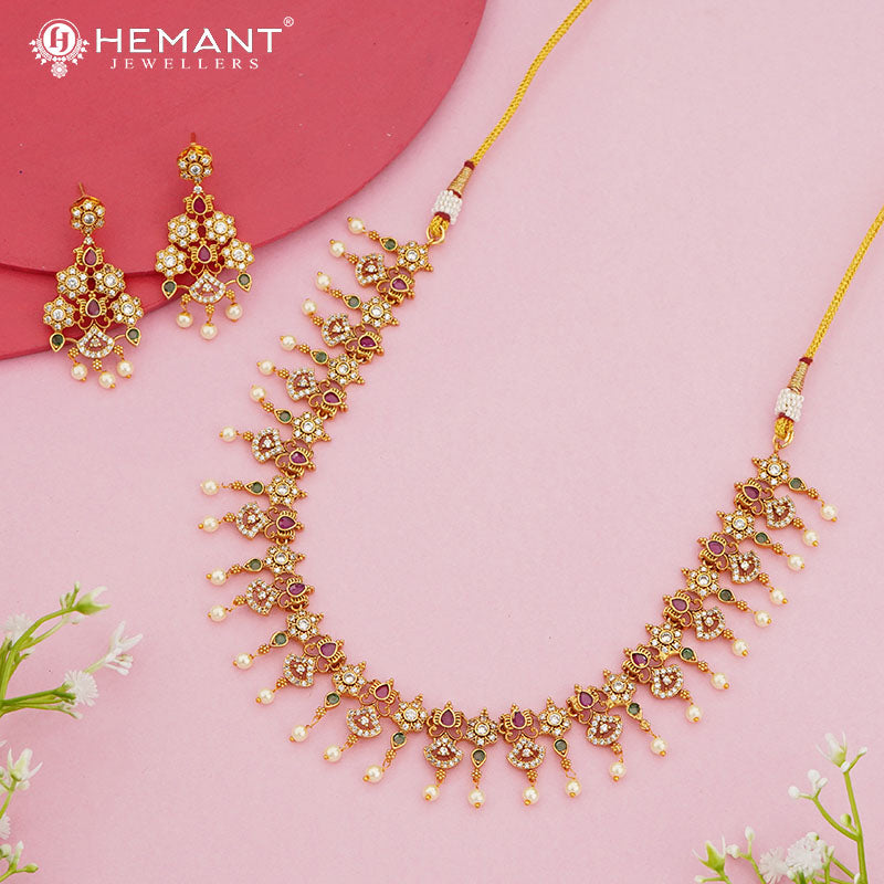 Antique-Finish Temple Style Bridal Necklace Set with Ruby-Green Stone Drops & Pearl Danglers 3990