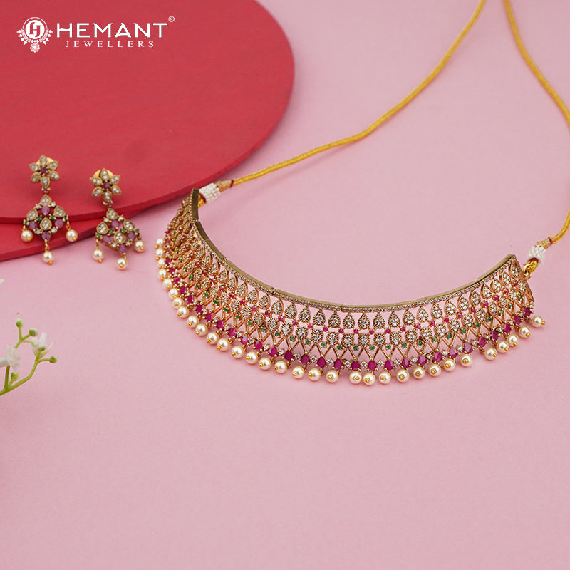 Grand Pink & Pearl Bridal Choker Necklace with Matching Earringse 4031