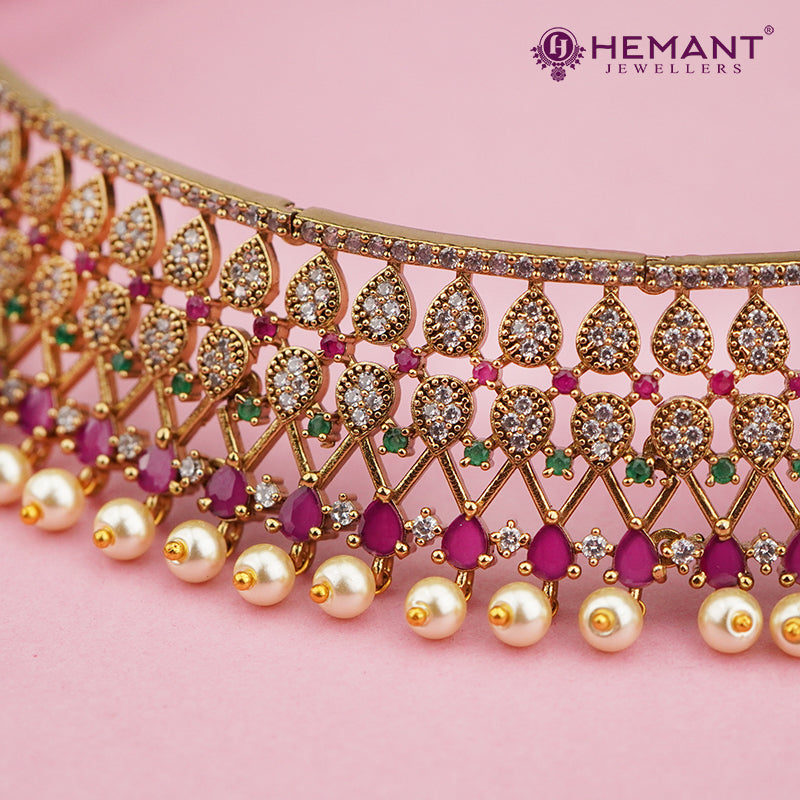 Grand Pink & Pearl Bridal Choker Necklace with Matching Earringse 4031