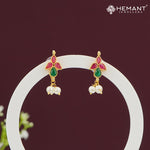 Tri-Petal Red & Green Stone Earrings with Pearl Drops – 4159