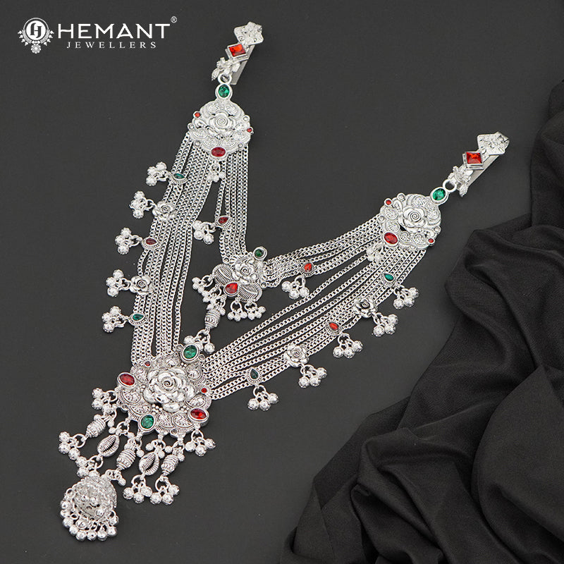 Traditional Oxidized Silver-Tone Floral Design Mekhala โ Bridal Waist Ornament โ 4189