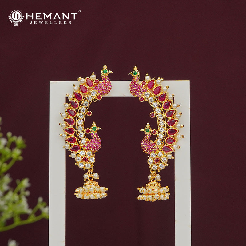 Peacock Design Stone-Studded Earcuff with Pearl Drops (Kan) – 4233