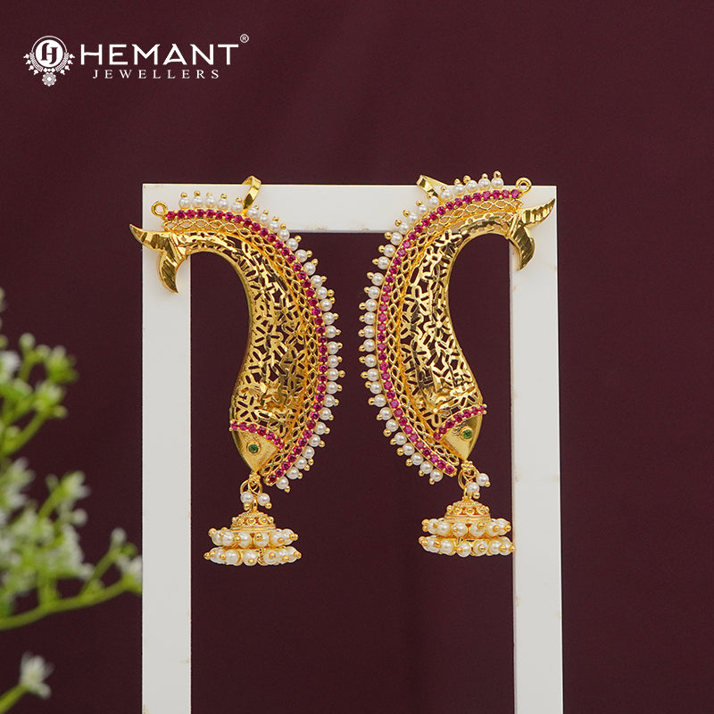 Gold-Finish Floral Arc Earcuff (Kan) with Ruby & White Stone Detailing – 4234