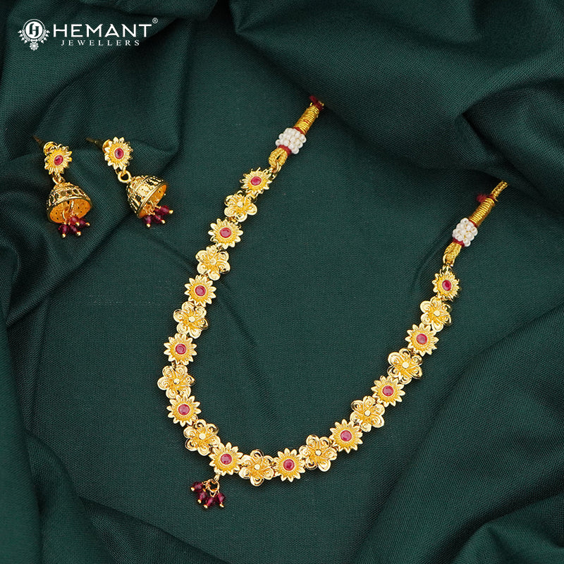 Floral Motif Gold-Finish Necklace Set with Jhumka Earrings - 4239