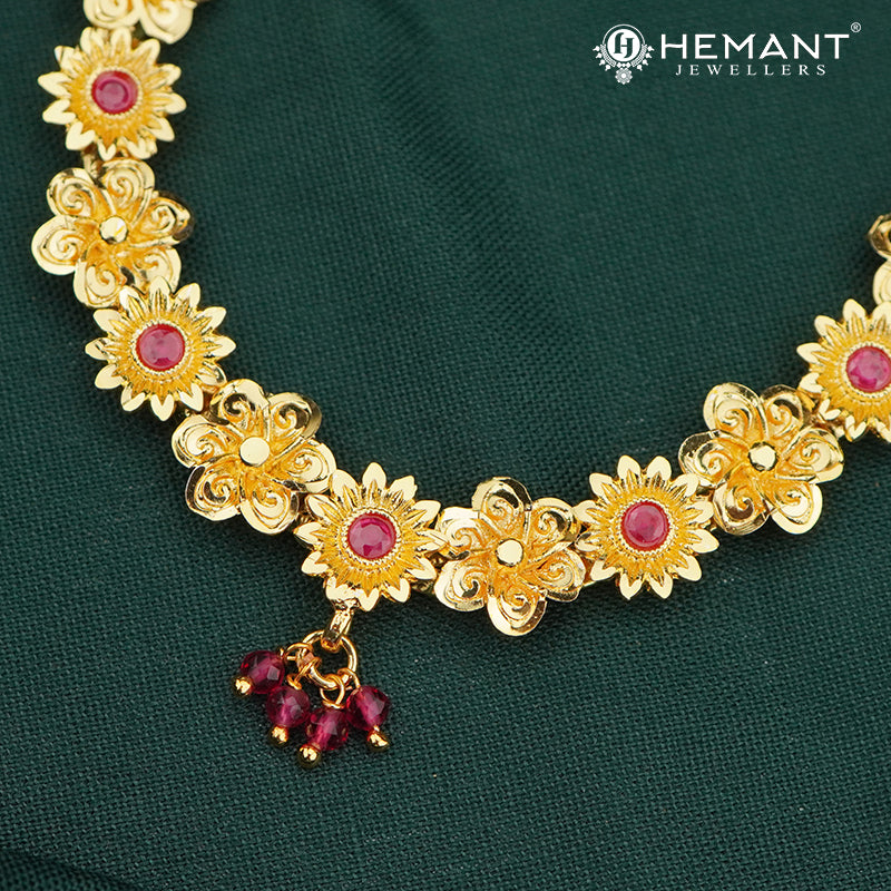 Floral Motif Gold-Finish Necklace Set with Jhumka Earrings - 4239