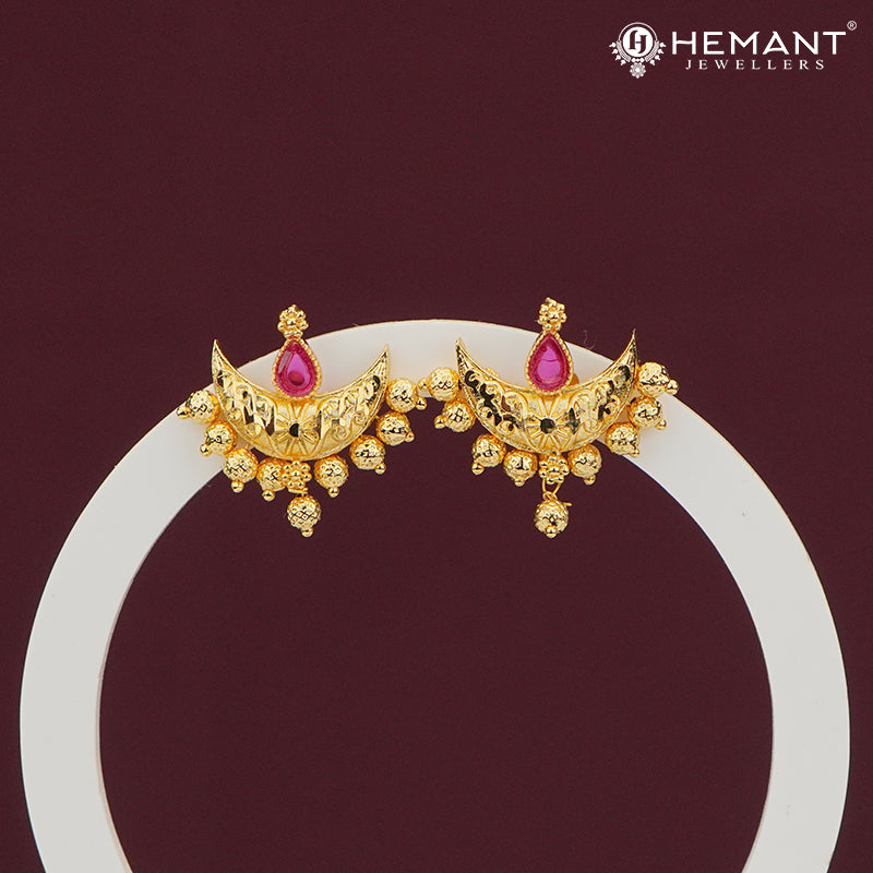 Half Moon Motif Stud Earrings with Ruby Drop – 4273