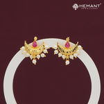 Pearl Drop Half Moon Stud Earrings with Ruby Accent – 4274