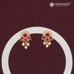 Floral Ruby Stone Stud Earrings with Pearl Drops – 4277