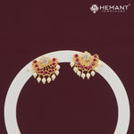 Half Fan Ruby Pearl Stud Earrings with Floral Top – 4278