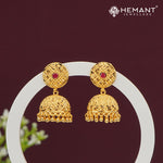 Forming Gold Jhumka Earrings with Criss-Cross Dome & Red Stone Stud – 4309