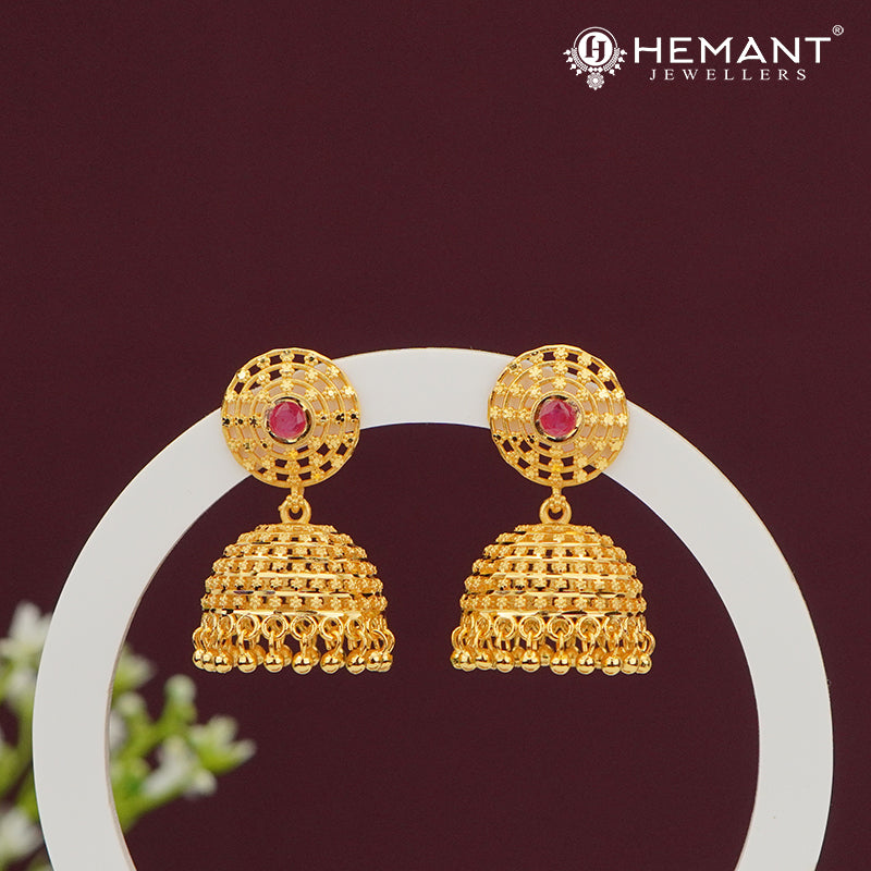 Traditional Forming Gold Dome Jhumka Earrings with Pink Stone Stud