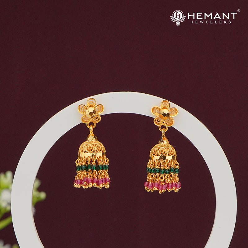 Forming Gold Jhumka with Pink & Green Beads – 4335