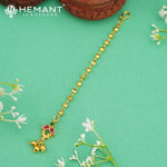 Leaf Motif Maang Tikka with Pink-Green Stones & Golden Bead Drops – 4339