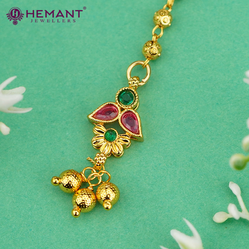 Leaf Motif Maang Tikka with Pink-Green Stones & Golden Bead Drops – 4339