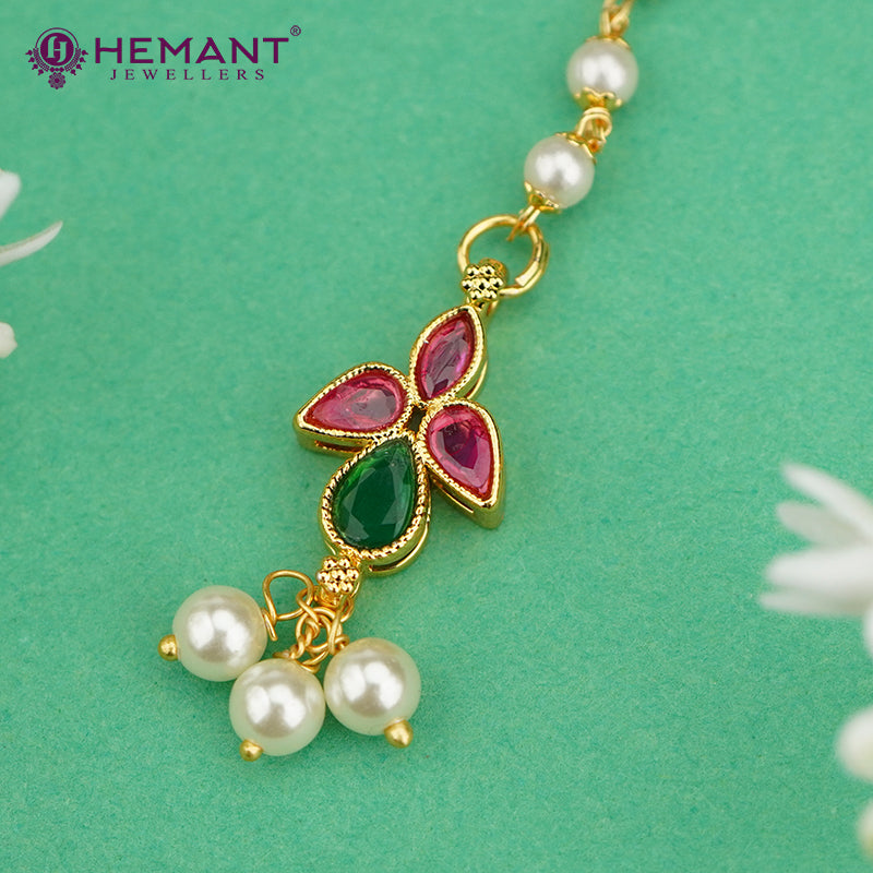 Pearl Chain Maang Tikka with Pink-Green Stones & Hanging Beads – 4383