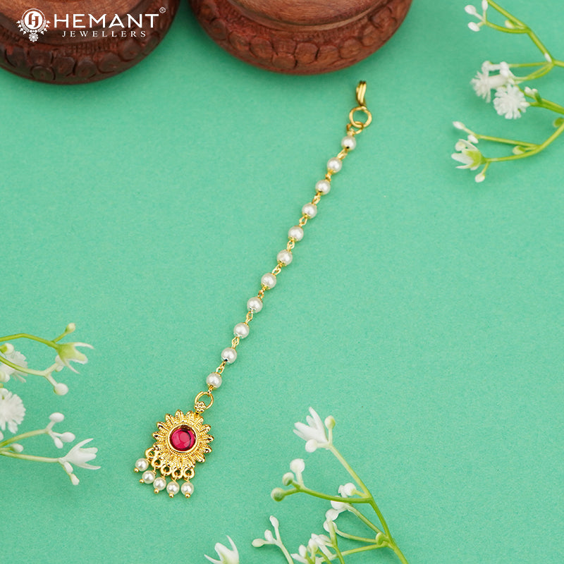 Pearl Chain Maang Tikka with Red Stone Sunburst Design – 4384
