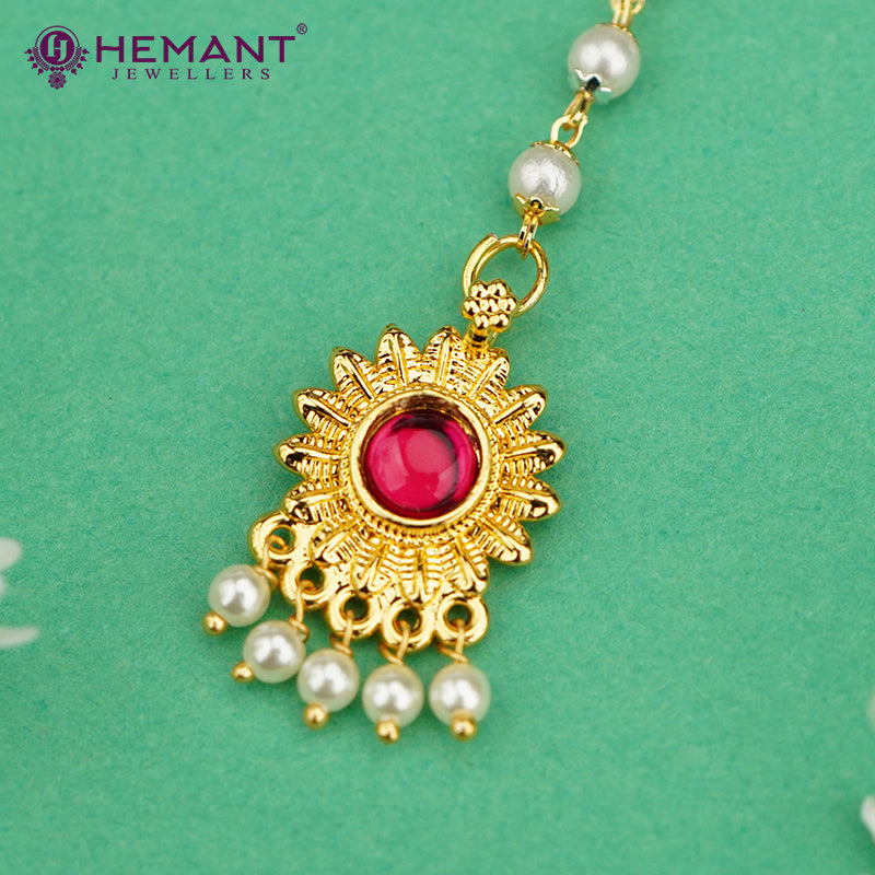 Pearl Chain Maang Tikka with Red Stone Sunburst Design – 4384