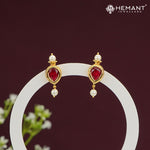 Teardrop Red Stone Stud Earrings with Pearl Drops – 4420