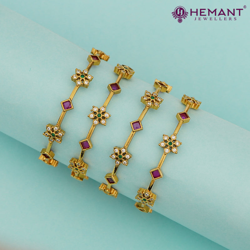 Antique Gold Floral Design Bangles (Set of 4pc. / 2 pair) – 4443-45