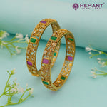 Antique Gold Bangles with Multicolor Stones & Filigree Detailing – 4446-48