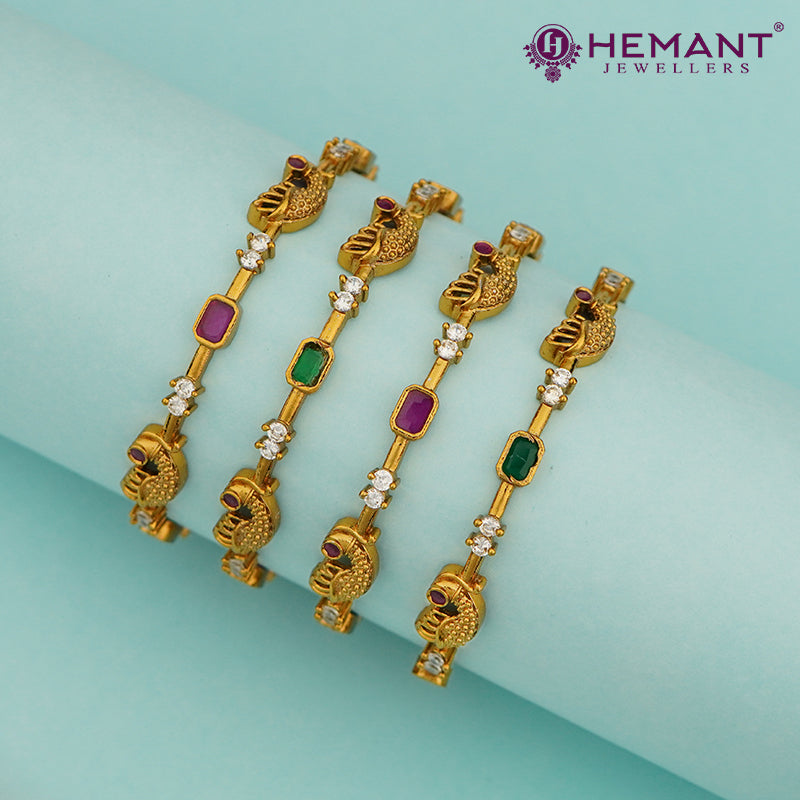 Antique Finish Peacock Bangles with Ruby-Green Stones – 4452-4454 ( 4 Pc Set / 2 Pair)