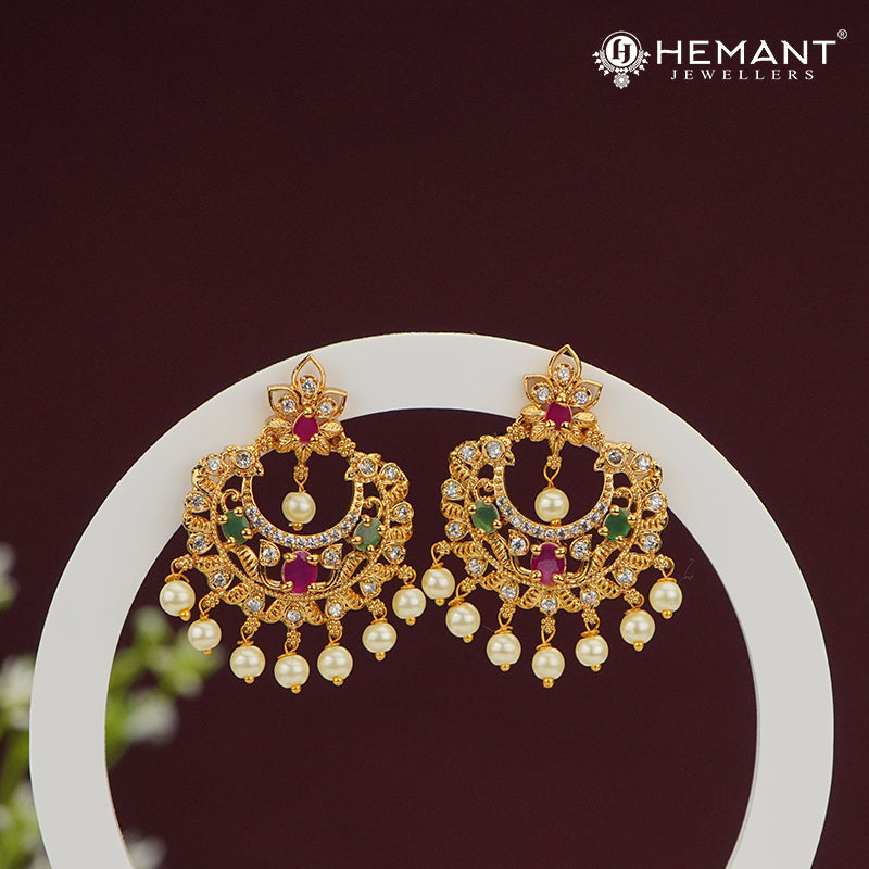 Chandbali Earrings with Pearl Drops & Multicolor Stonework – 4470