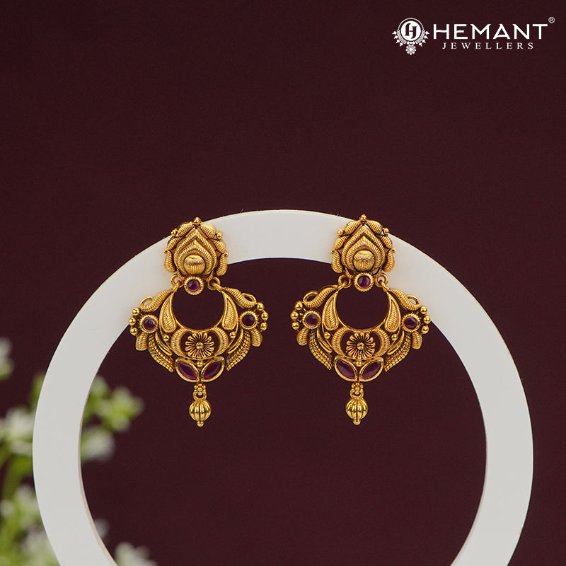 Antique Gold Floral Temple Earrings – 4485-86 – Hemant Jewellers