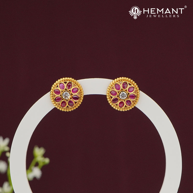 Ruby Floral Stud Earrings with Golden Rope Border – 4491-92