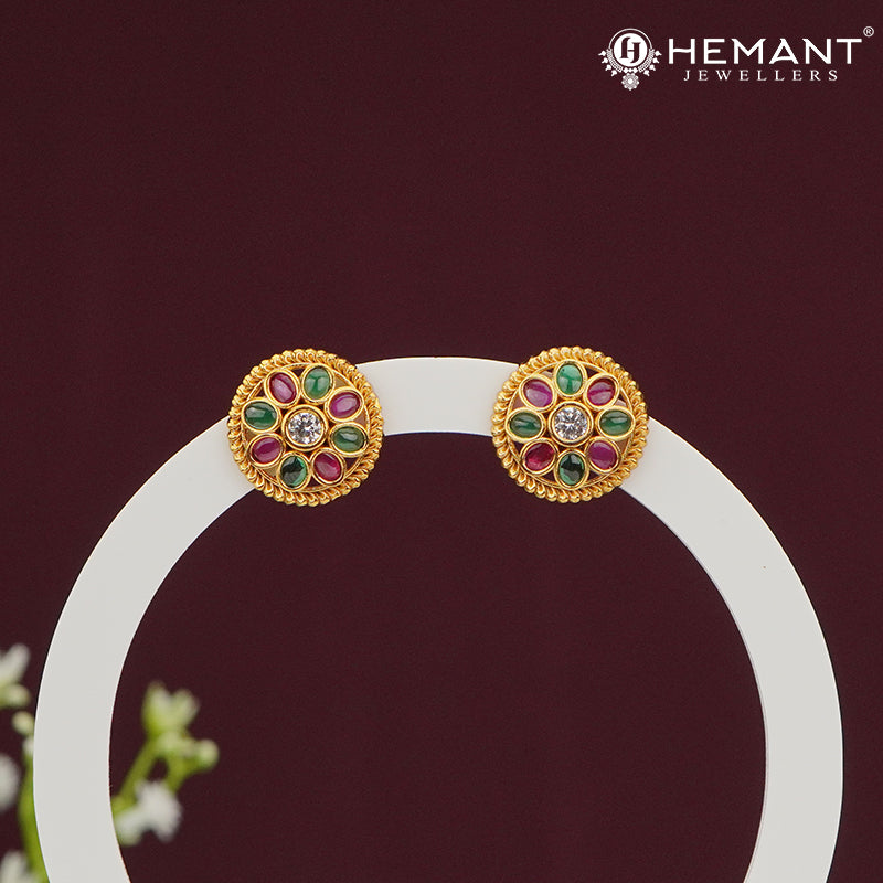 Ruby Floral Stud Earrings with Golden Rope Border – 4491-92